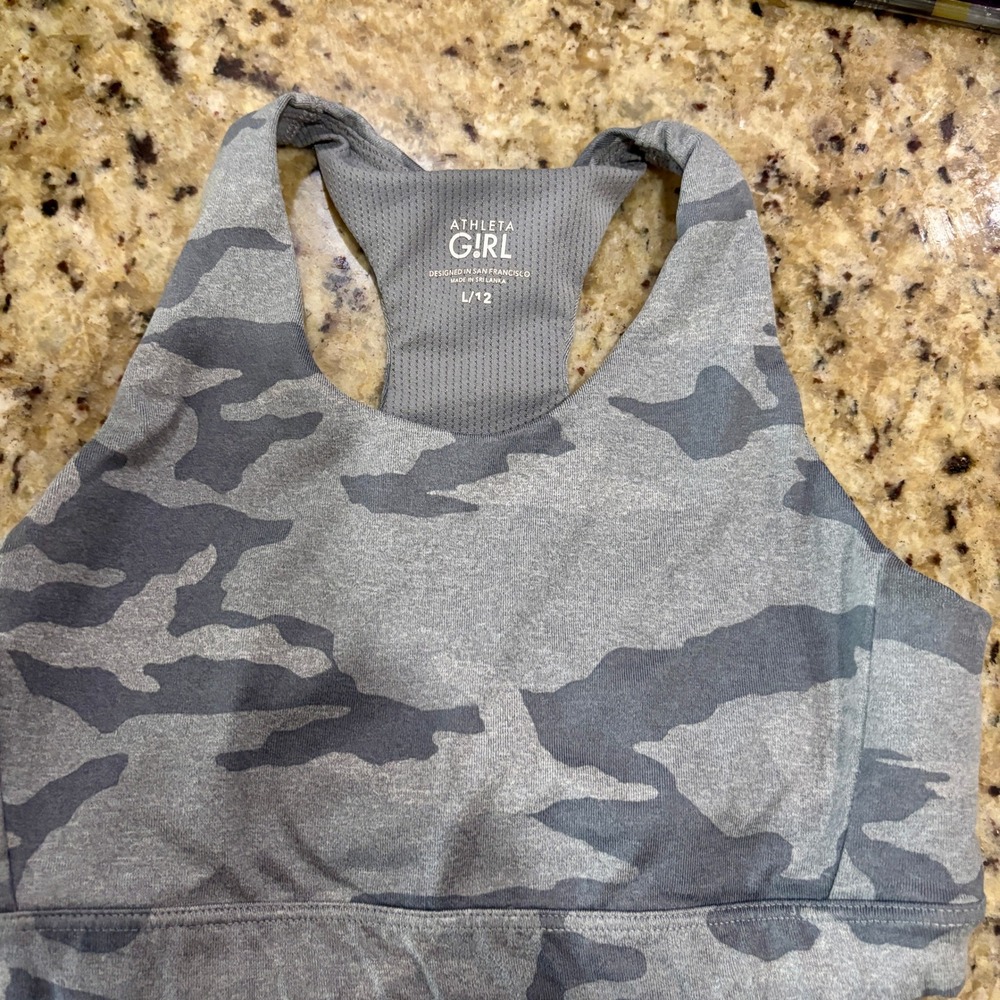 Athleta Girl Grey Camo Racerback Sports Bra Keyhole Mesh Back Size L 12